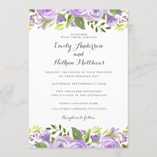 Convite Casamento Floral de Rosa em Aquarela Roxa Elegante