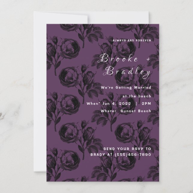 Convite Casamento Floral de Rosa Roxa Vibrante (Frente)