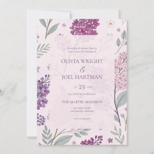 Convite Casamento Floral de Rosa Suave e Lilás Roxo