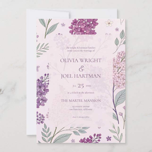 Convite Casamento Floral de Rosa Suave e Lilás Roxo  (Frente)