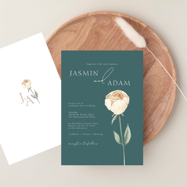 Convite Casamento Floral de Rosa Verde Esmeralda Simples e (Simple Elegant Emerald Green Rose Floral Wedding Invitation)