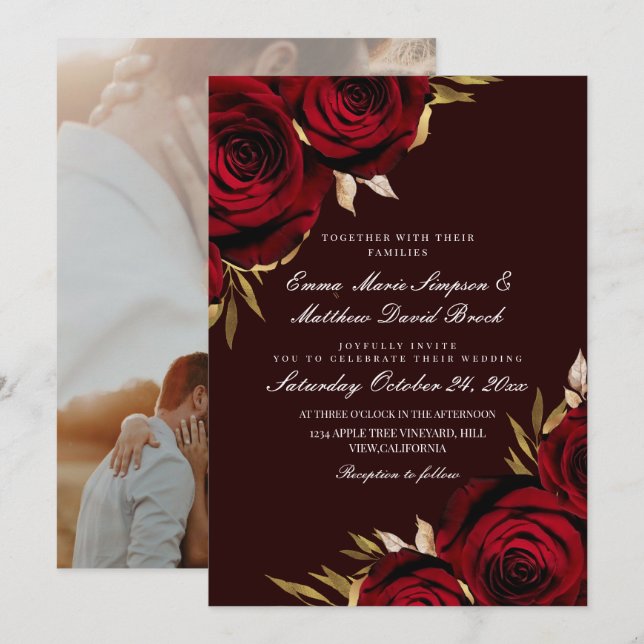Convite Casamento Floral de Rosa Vermelha e Dourada Românt (Frente/Verso)