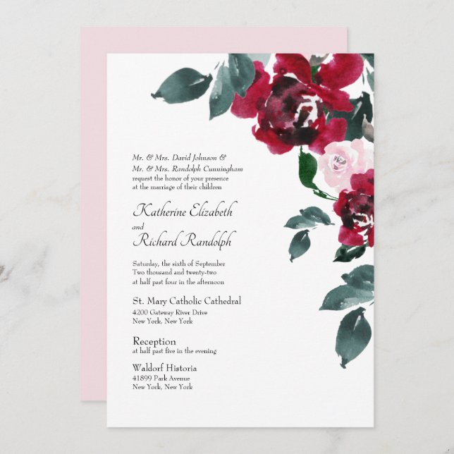 Convite Casamento Floral de Rosa vermelha Rosa Elegante Fo (Frente/Verso)