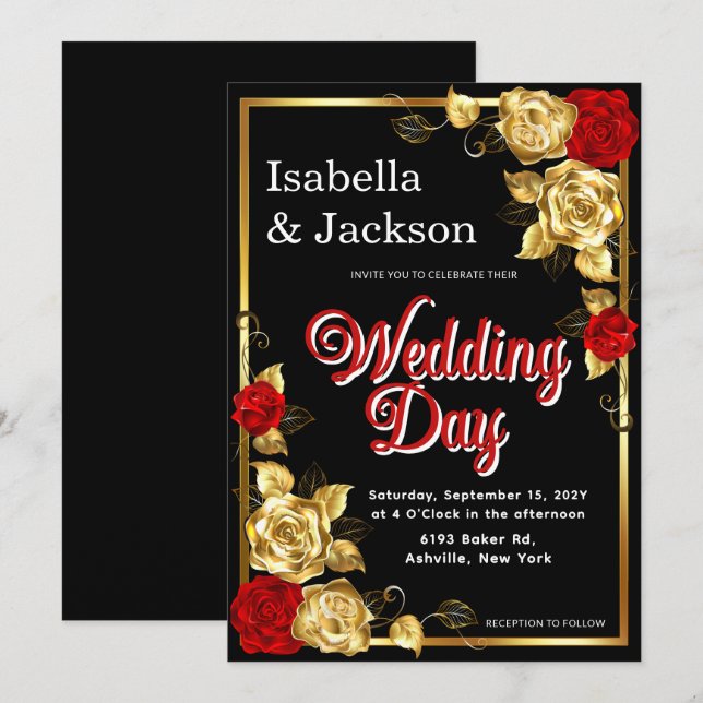 Convite Casamento Floral De Rosa Vermelho E Dourado (Frente/Verso)