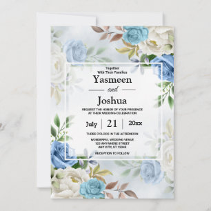 Convite Casamento Floral de Rosas Azuis e Brancas Elegante