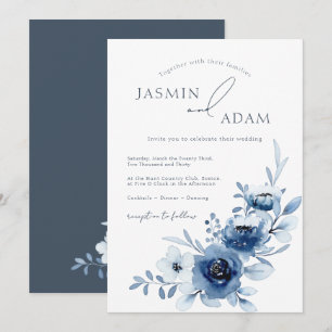 Convite Casamento Floral de Rosas Azuis Elegantes