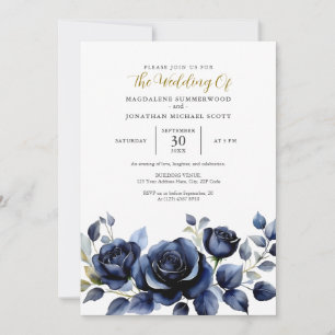 Convite Casamento Floral de Rosas Azuis Escuros de Aquarel
