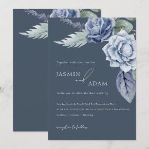 Convite Casamento Floral de Rosas Azul Real Simples