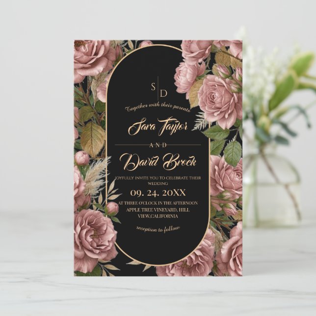 Convite Casamento Floral de Rosas Boho Dusty (Em pé/Frente)