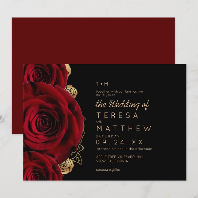 Convite Casamento Floral de Rosas Borgonha Modernas (Frente/Verso)