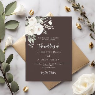 Convite Casamento floral de rosas brancas castanhas