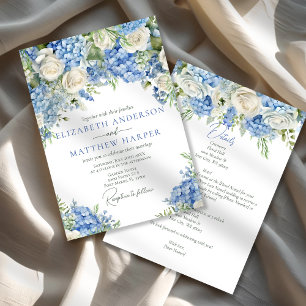 Convite Casamento Floral de Rosas Brancas de Hydrangea Azu