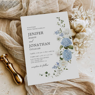 Convite Casamento Floral de Rosas Brancas de Hydrangea Azu