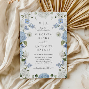 Convite Casamento Floral de Rosas Brancas de Hydrangea Azu