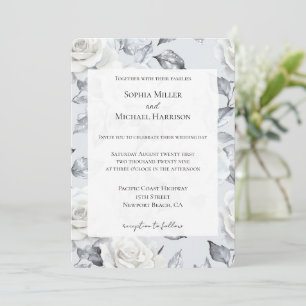 Convite Casamento Floral de Rosas Brancas de Prata Chic