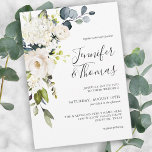 Convite Casamento Floral de Rosas Brancas Elegantes e Hydr<br><div class="desc">Com um popular esquema de cores neutro, este design de convite para o casamento apresenta um buquê em cascata de florais brancos de aquarela com verde à direita. As flores incluem rosas, híbridos e flores misturadas que combinam um efeito adorável. Os emparelhamentos de texto usados neste design apresentam os nomes...</div>