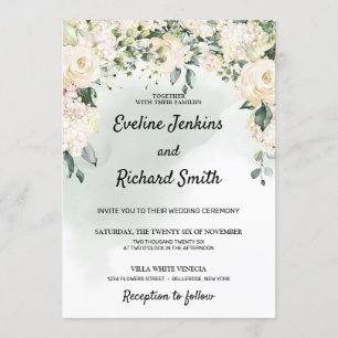 Convite Casamento floral de rosas brancas rústicas elegant
