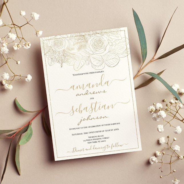 Convite Casamento floral de rosas brancos e de ouro clássi (Classy white and gold roses floral wedding invitation )