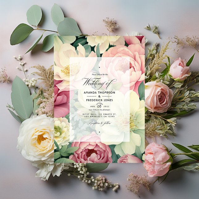 Convite Casamento Floral de rosas claro, Marfim e Sage Gre (Criador carregado)