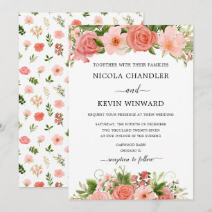 Convite Casamento Floral de Rosas Coral Elegantes