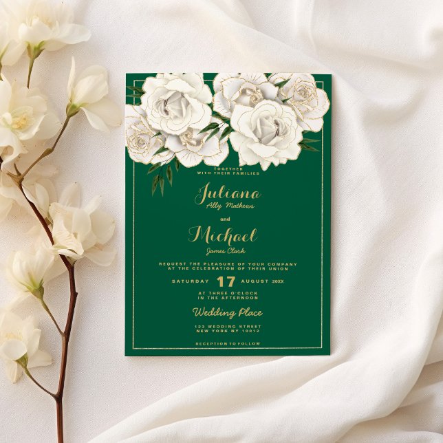 Convite Casamento floral de rosas de brilho branco verde (Green white gold glitter roses floral Wedding )
