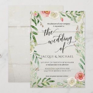 Convite Casamento Floral de Rosas de Madeira Rústica