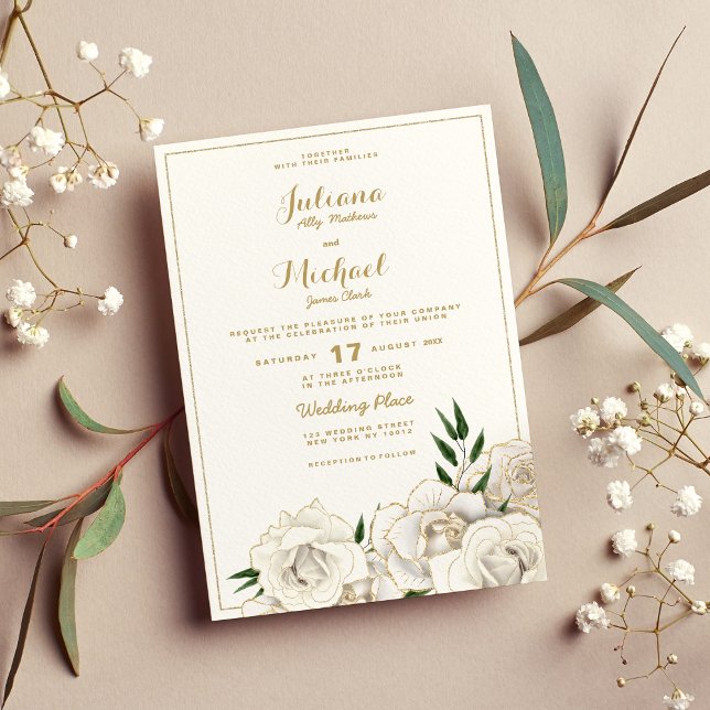 Convite Casamento floral de rosas de ouro branco Elegante (Elegant white gold glitter roses floral Wedding Invitation (Front )