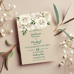 Convite Casamento floral de rosas de ouro branco-marfim