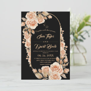 Convite Casamento Floral de Rosas Douradas Boho Preto