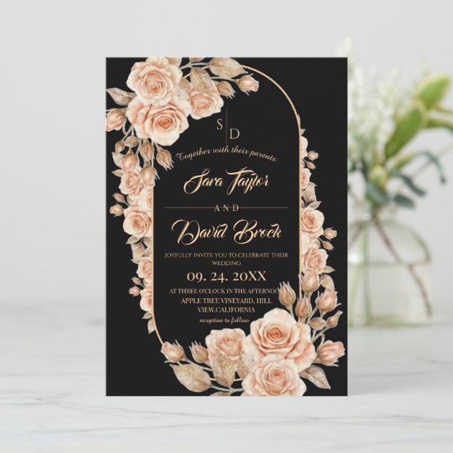 Convite Casamento Floral de Rosas Douradas Boho Preto (Em pé/Frente)