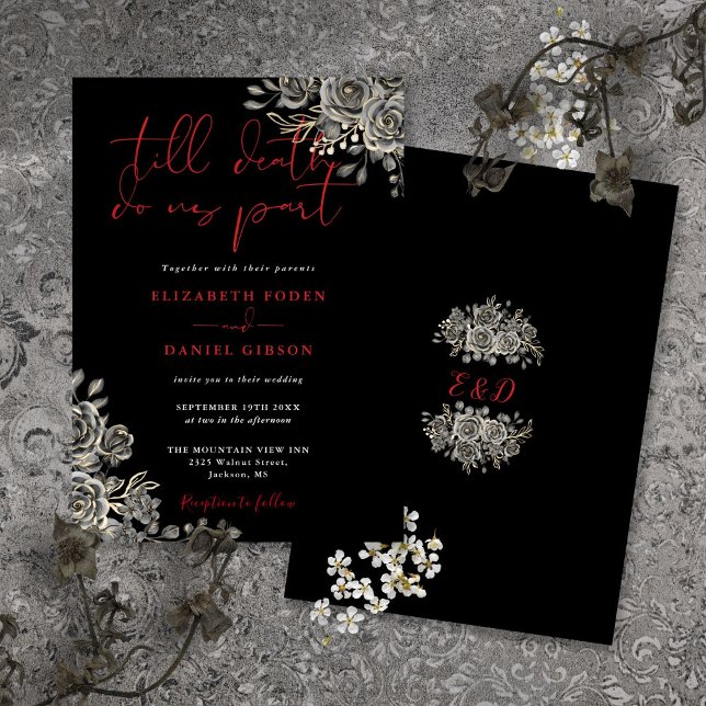 Convite Casamento Floral De Rosas Gótica Negra E Vermelha (Black And Red Gothic Roses Floral Wedding Invitation)