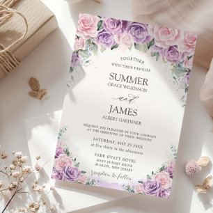 Convite Casamento Floral de Rosas Lilás Rosa Púrpura Elega