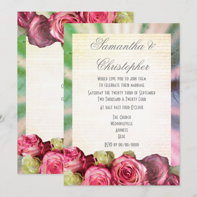 Convite Casamento floral de rosas rosa (Frente/Verso)