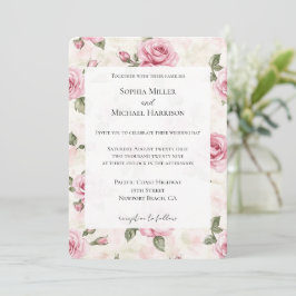 Convite Casamento Floral de Rosas Rosa Bonito Românticas