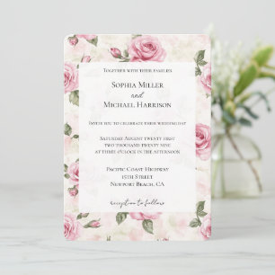Convite Casamento Floral de Rosas Rosa Bonito Românticas