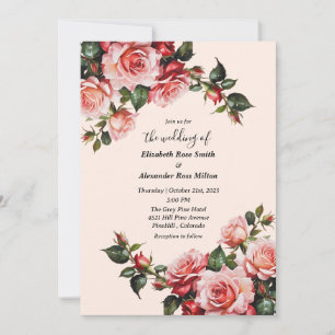 Convite Casamento floral de rosas rosa e vermelho elegante