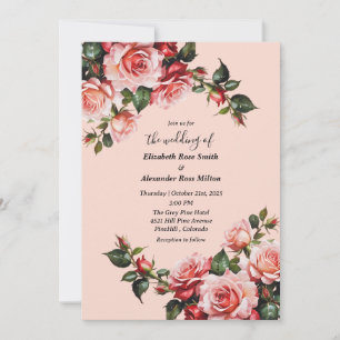 Convite Casamento floral de rosas rosa e vermelho elegante