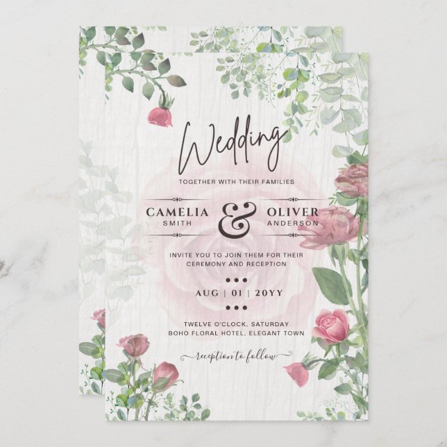 Convite Casamento Floral de Rosas Rosa Pidrosas com Todo-e (Frente/Verso)