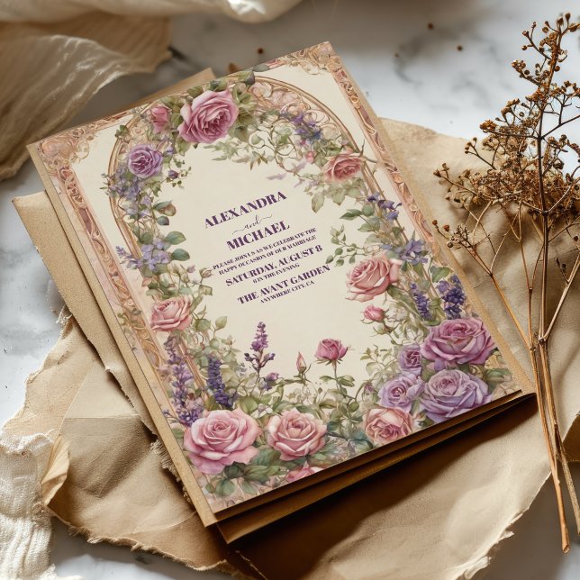 Convite Casamento Floral de Rosas Rosa Púrpura e Arco Vint (Criador carregado)