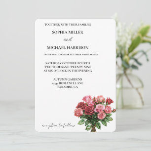 Convite Casamento Floral de Rosas Rosa Vermelhas Romântica