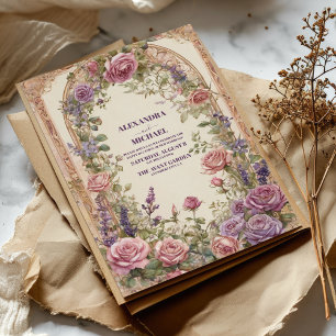 Convite Casamento Floral de Rosas Roxas Vintage
