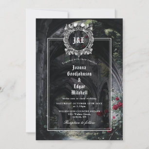 Convite Casamento Floral de Rosas Ruínas Góticas Monograma