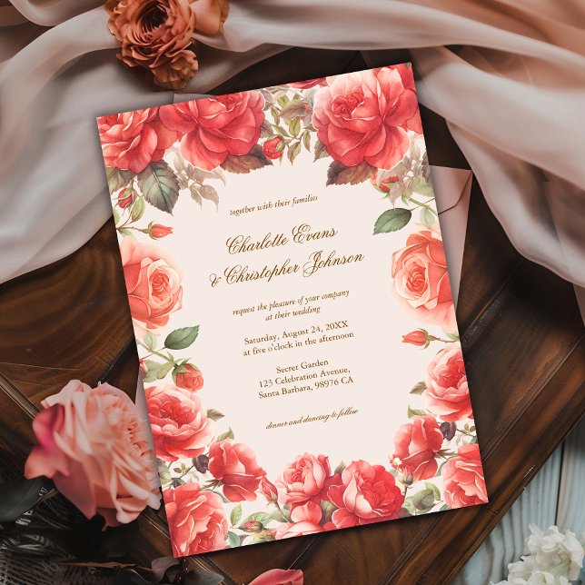 Convite Casamento Floral de Rosas vermelhas de Aquarela Ro (Criador carregado)