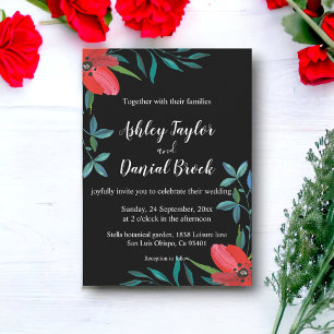 Convite Casamento Floral De Rosas vermelhas De Flor Preto