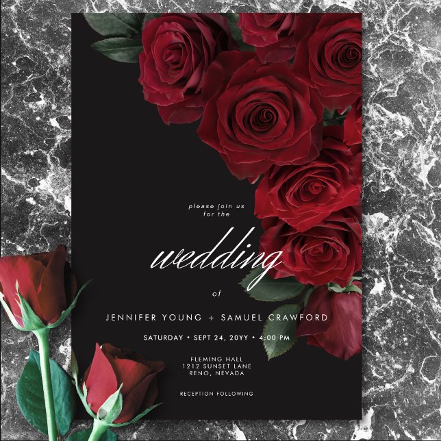 Convite Casamento Floral de Rosas vermelhas de Sangue Eleg (Elegant Moody Blood Roses Floral Wedding Invitation)