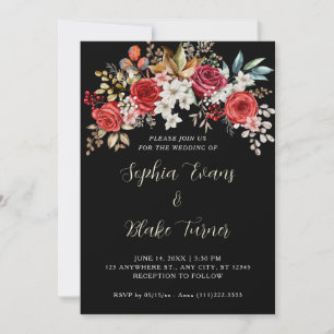 Convite Casamento Floral de Rosas Vermelhas Elegantes Pret