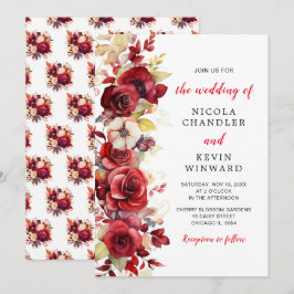 Convite Casamento Floral de Rosas vermelhas Românticas