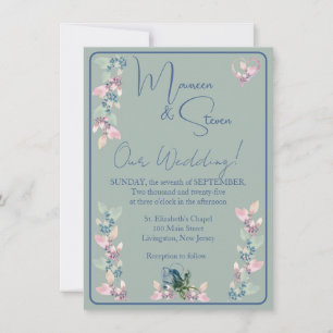 Convite Casamento Floral De Sage, Rosa E Matizes Azuis
