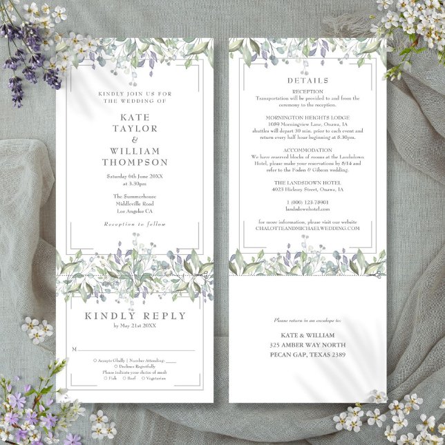 Convite Casamento Floral de Salvia e Lilás Tudo em Um (Sage And Lilac Floral All In One Wedding Invitation)