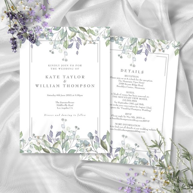 Convite Casamento Floral de Salvia e Lilás Tudo em Um (Sage And Lilac Floral All In One Wedding Invitation)
